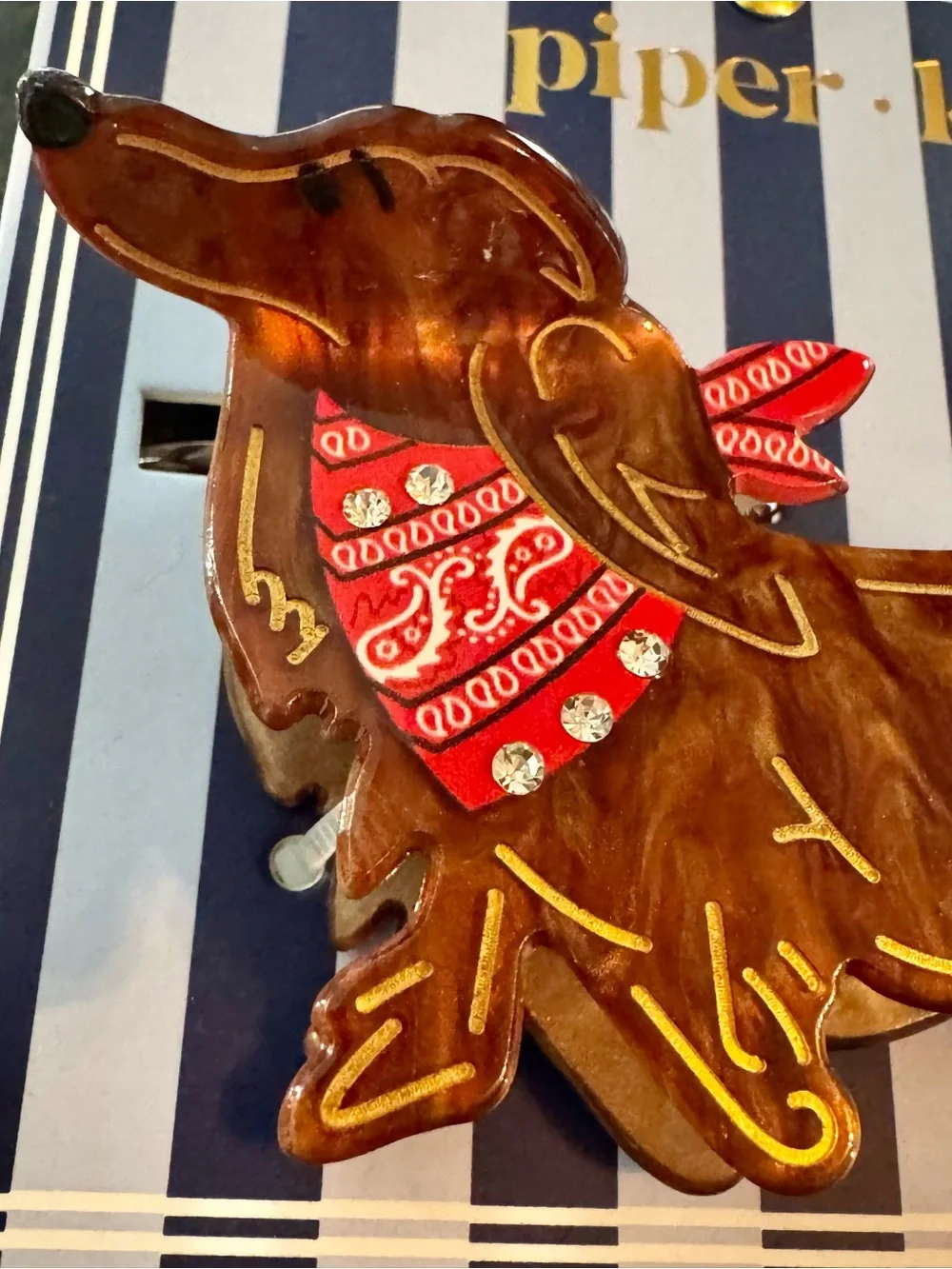 Piper Brown Dachshund Hair Clip With Red Rhinestone Bandana
